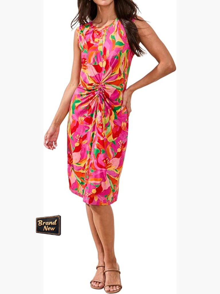 Sleeveless Knot Front Bold-Print Crewneck Dress - Size M